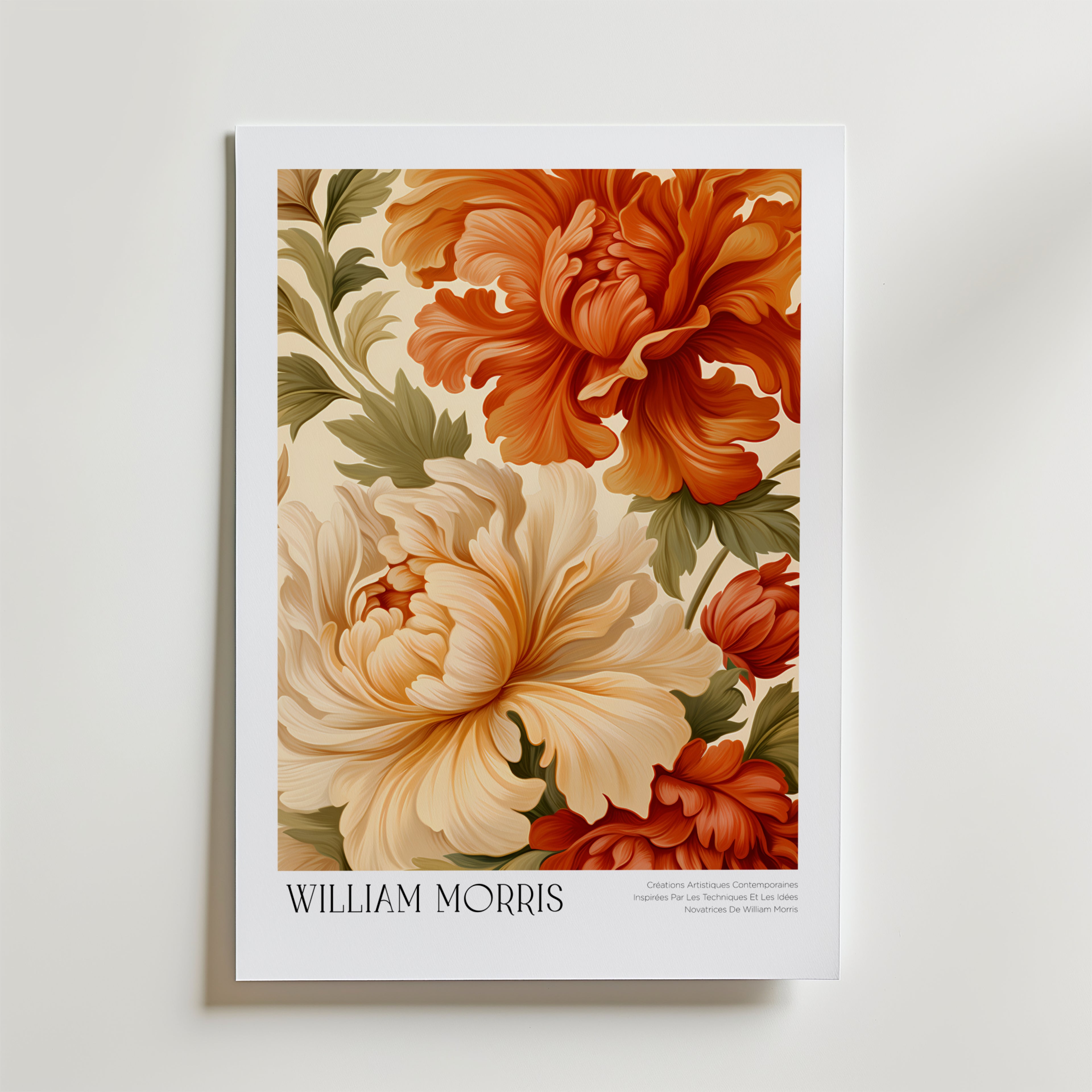 William Morris Amber Peony Bloom Poster – En elegant blomsterposter med stora pionliknande blommor i varma toner av bärnsten,