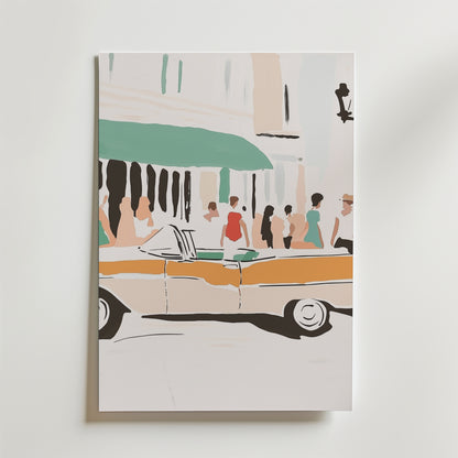 Bozetto's Golden Hour Drive Poster visar en minimalistisk orange vintage cabriolet parkerad på en gata i solnedgången, med människor som promenerar och byggnader bakom - tryckt på premiumpapper för den perfekta Golden Hour-vibben.