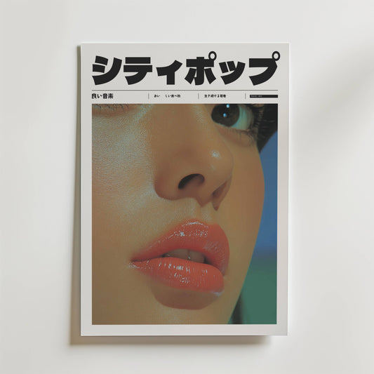 Soft Desire Poster av Bozetto visar en närbild av ett kvinnoansikte med glansiga läppar, en fet japansk katakana-titel och en mindre japansk text nedanför, allt för att fånga essensen av skönhet.