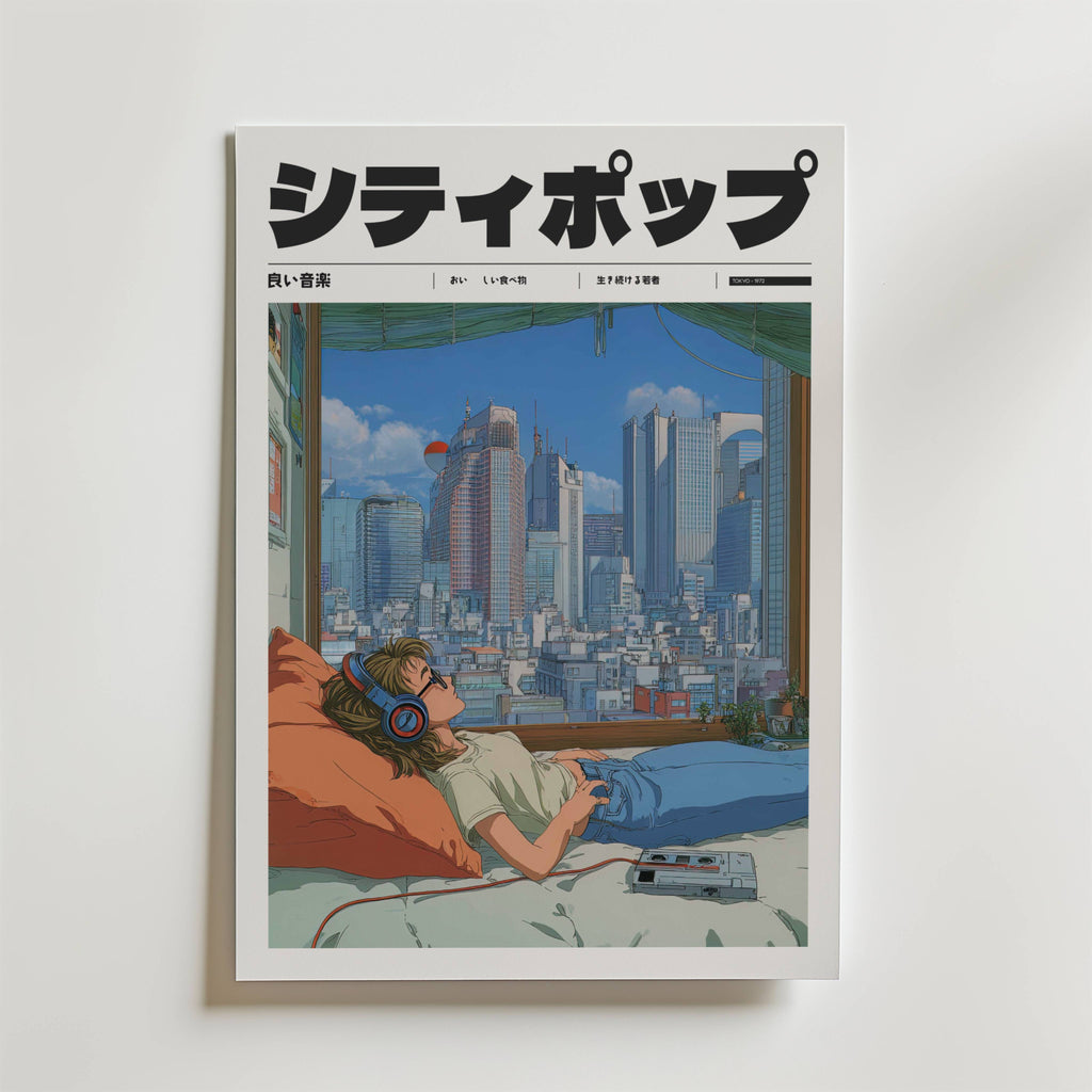 Postern Bedroom Skyline av Bozetto visar en person som slappnar av på en säng med hörlurar, lyssnar på musik och tittar ut på en modern stadssiluett genom ett stort fönster. Titeln visas i fet japansk katakana-skrift högst upp.