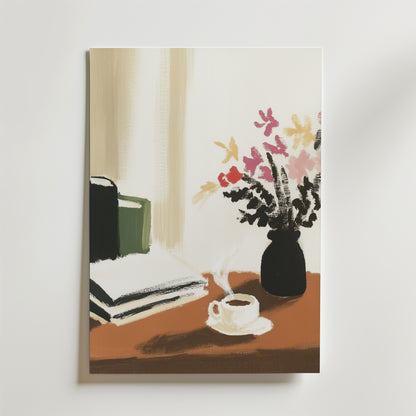 Morning Coffee Poster by Bozetto visar en rykande kopp, blommor och böcker på ett träbord, vackert tryckt på FSC-certifierat premiumpapper med en mjukt upplyst, neutral bakgrund.