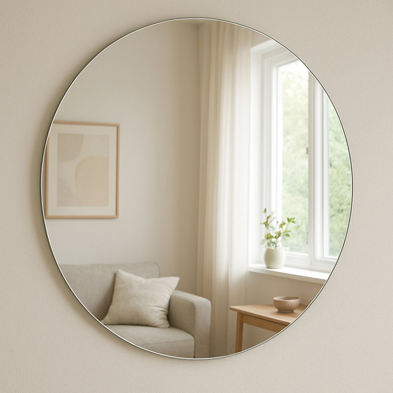 En Spegel Rund Cirkel 80 cm från Bozetto speglar ett mysigt vardagsrum med en ljus soffa, abstrakt väggkonst, sidobord i trä, krukväxt och skira gardiner som släpper in mjukt naturligt ljus.