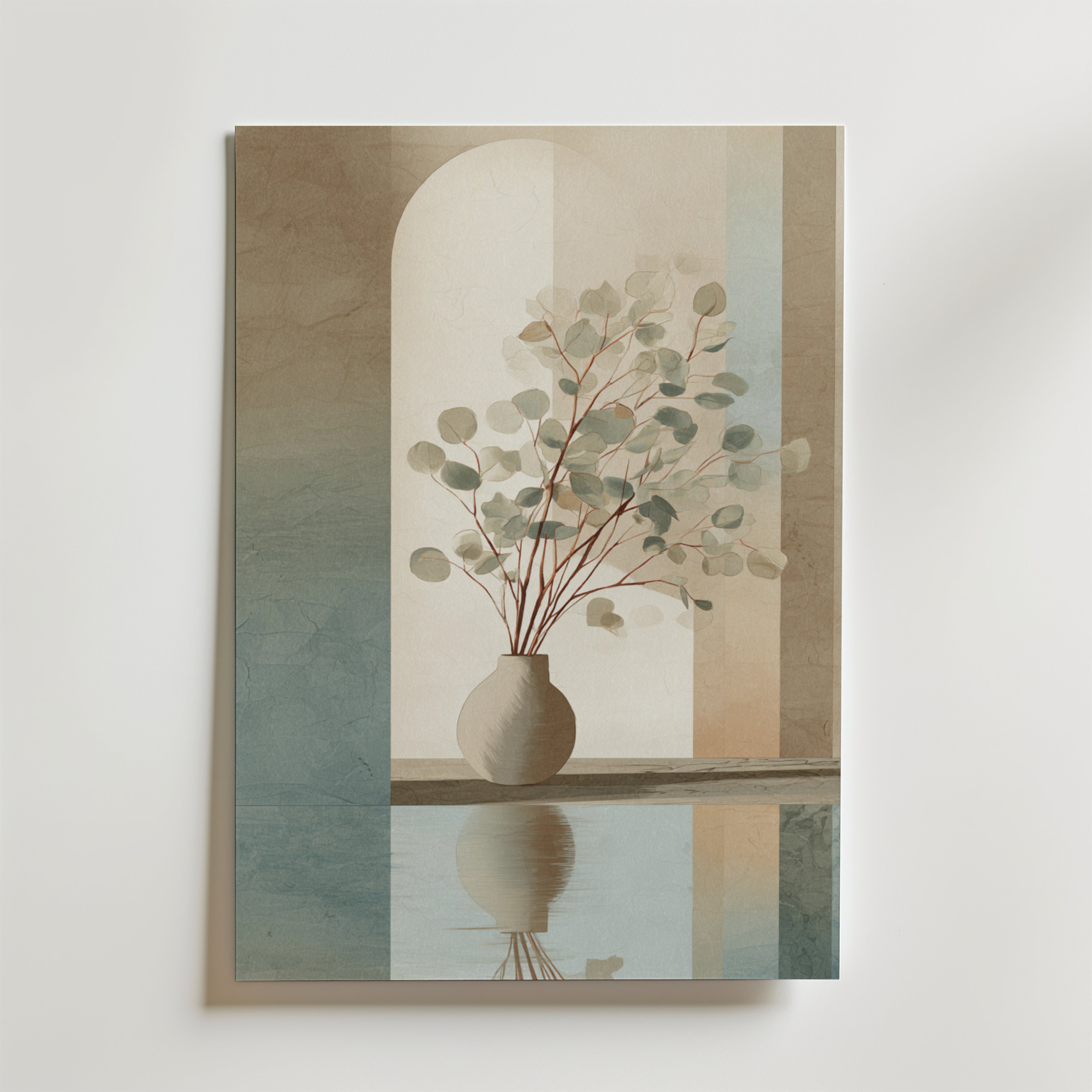 Calm Arch Eucalyptus Poster – En stilren och rogivande poster med en enkel vas fylld av eukalyptusblad, placerad