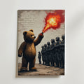 En person i nallebjörnsdräkt håller i en röd nödraket och möter kravallpolis nära en vit tegelvägg. Teddy Bear Flamethrower Poster by Bozetto är tryckt på premiumpapper och är FSC-certifierad för hållbarhet.