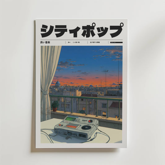 The Sound of Dusk Poster by Bozetto visar japansk text och en nostalgisk stadsbild i solnedgång från en balkong, där en kassettspelare och hörlurar vilar på räcket och för tankarna till en vintageaffisch.