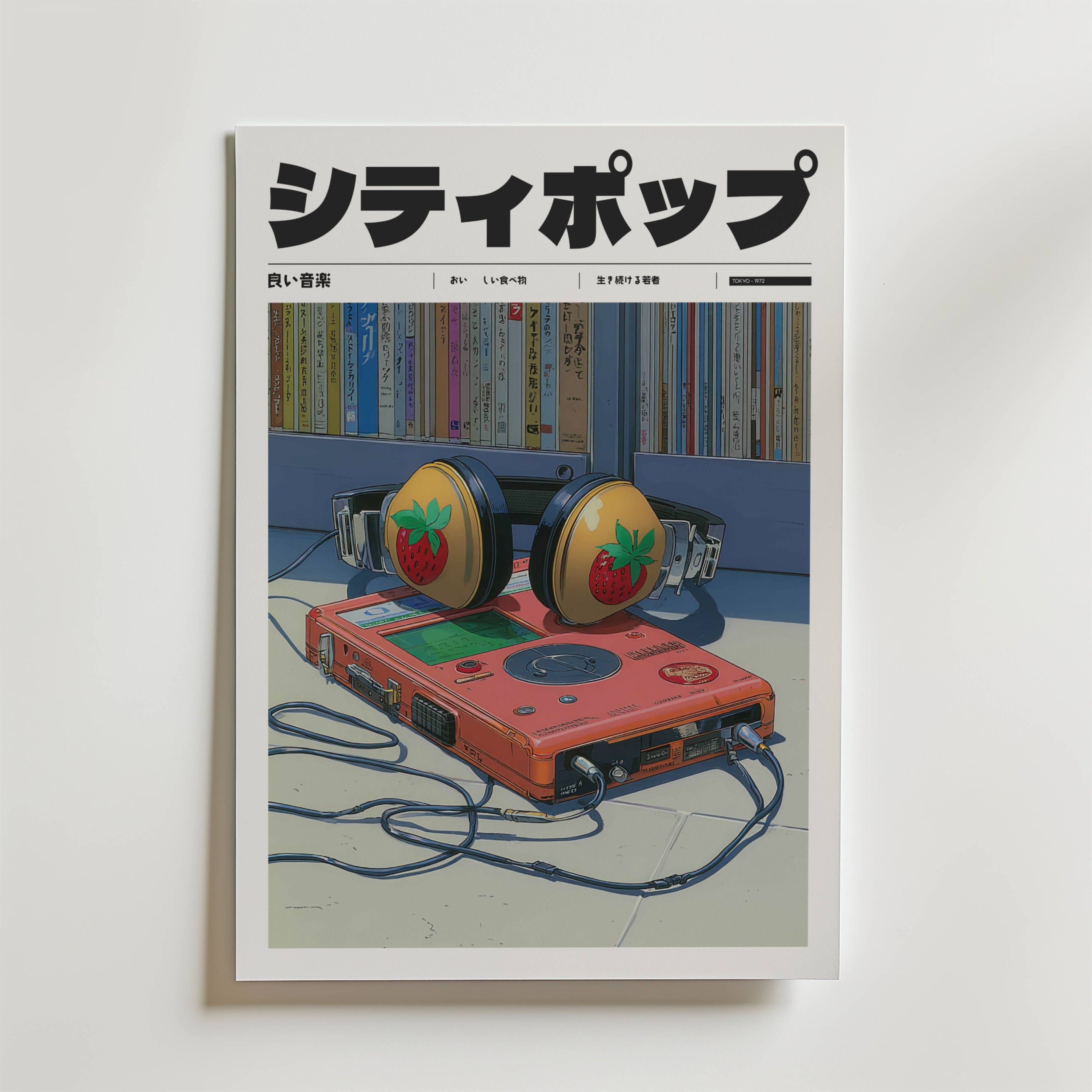 Bozetto Strawberry Stereo Poster visar en retro röd bärbar CD-spelare och stora jordgubbshörlurar framför en bokhylla, med fet japansk katakana-text för en citypop, 80-talsnostalgisk vibe.