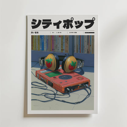 Bozetto Strawberry Stereo Poster visar en retro röd bärbar CD-spelare och stora jordgubbshörlurar framför en bokhylla, med fet japansk katakana-text för en citypop, 80-talsnostalgisk vibe.