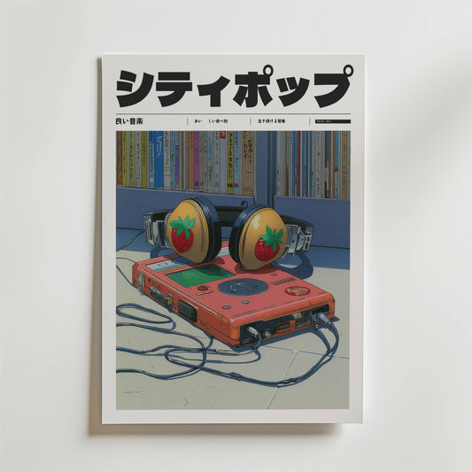 Bozetto Strawberry Stereo Poster visar en retro röd bärbar CD-spelare och stora jordgubbshörlurar framför en bokhylla, med fet japansk katakana-text för en citypop, 80-talsnostalgisk vibe.