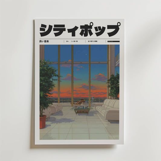 Tokyo Sunset Reflections Poster by Bozetto har en illustration i citypop-stil av en ljus Tokyo lounge med stora fönster som visar en solnedgångshimmel, krukväxter och vita soffor som omger ett soffbord i glas.