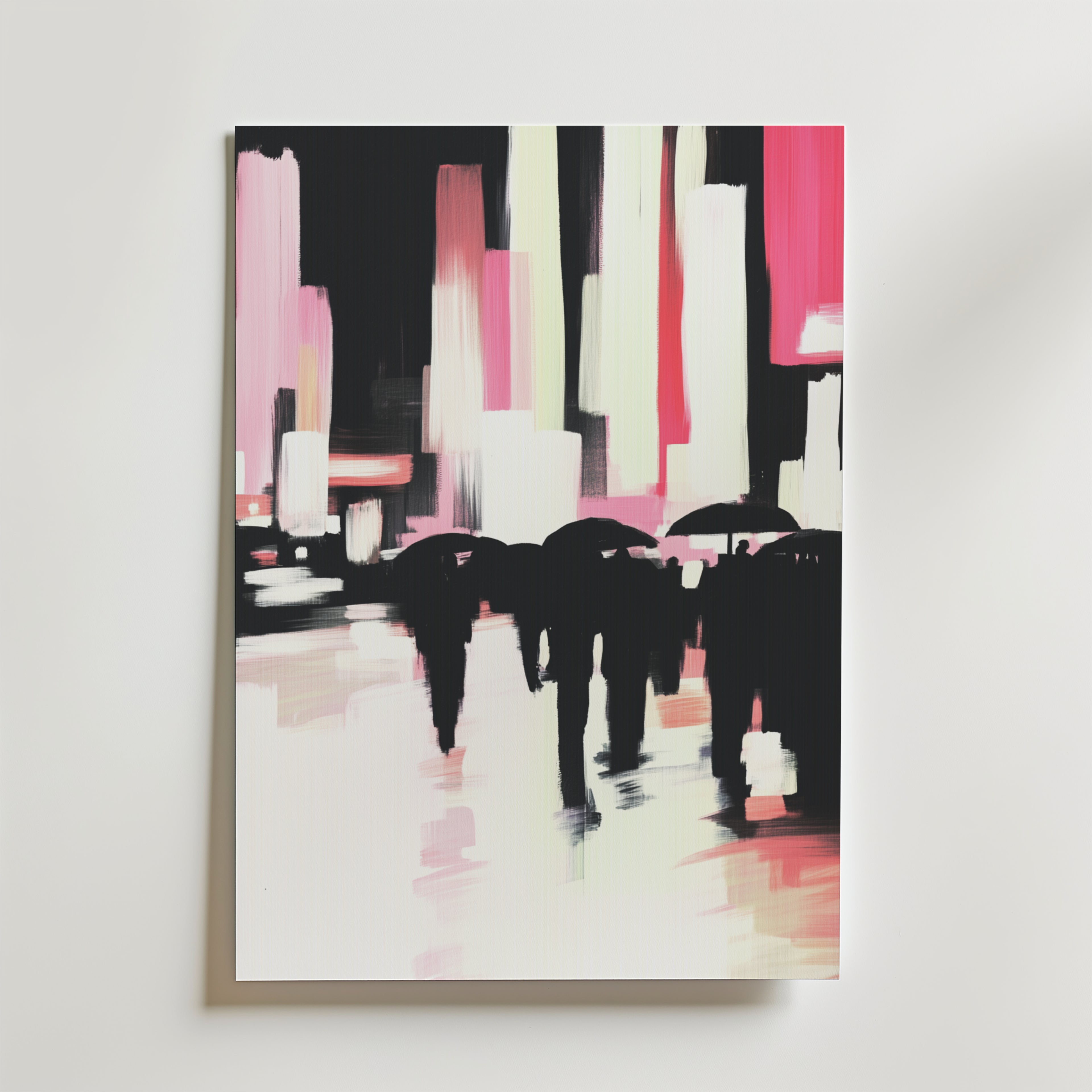 City Drenched in Light Poster by Bozetto visar silhuetter av personer med paraplyer som går på en nattlig stadsgata, med höga byggnader som lyser i rosa, vitt och svart - tryckt på premiumpapper med lyxigt matt yta.