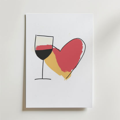 Bozetto Wine Is Love Poster föreställer ett rött och guldfyllt vinglas bredvid ett hjärta på en vit bakgrund och ger en touch av konstnärlig elegans till alla rum.