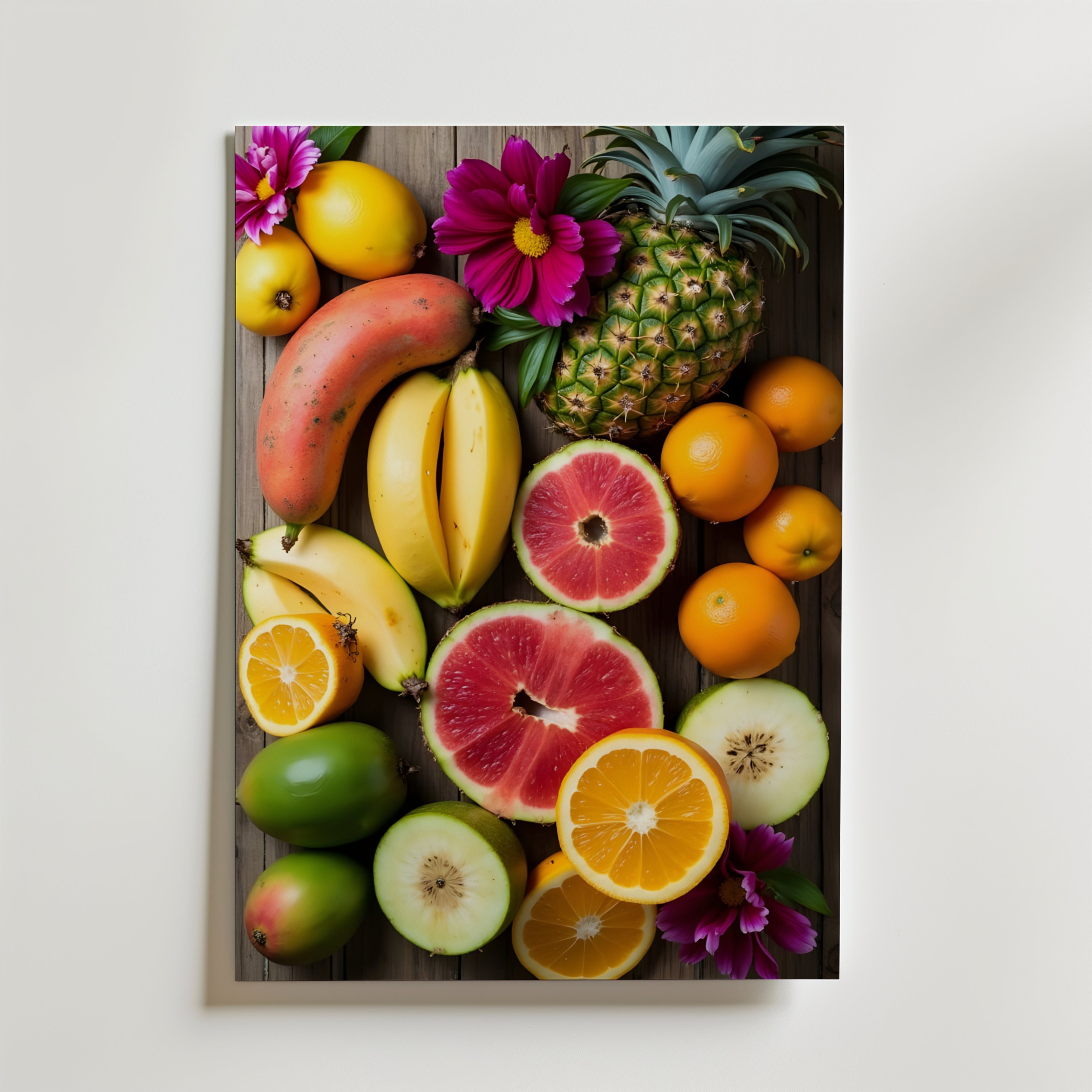 Bozetto's Tropical Feast No.2 Poster föreställer ett livligt utbud av bananer, ananas, grapefrukt och meloner på trä med lila blommor - ett iögonfallande tillägg till alla rum.
