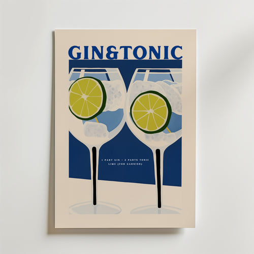 Bozetto Gin & Tonic Cocktail Poster har två glas med is och lime, receptdetaljer och en blå och krämfärgad palett, vackert tryckt på FSC-certifierat premiumpapper.