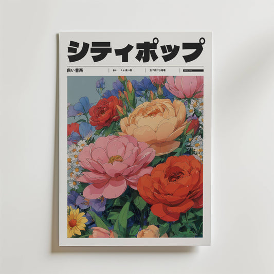 Spring Sonata Poster" från Bozetto har japansk text och en illustrerad bukett med rosor, prästkragar och pioner på en vit bakgrund och fångar charmen hos ett blommigt tidningsomslag eller en elegant blomsterkonst.