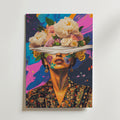 Bozetto Floral Kahlo Mindscape Poster visar en surrealistisk kvinna i en mönstrad klänning, hennes ögon maskeras av ett vitt band medan levande blommor blommar från hennes huvud - tryckt på premiumpapper för ett slående statement.