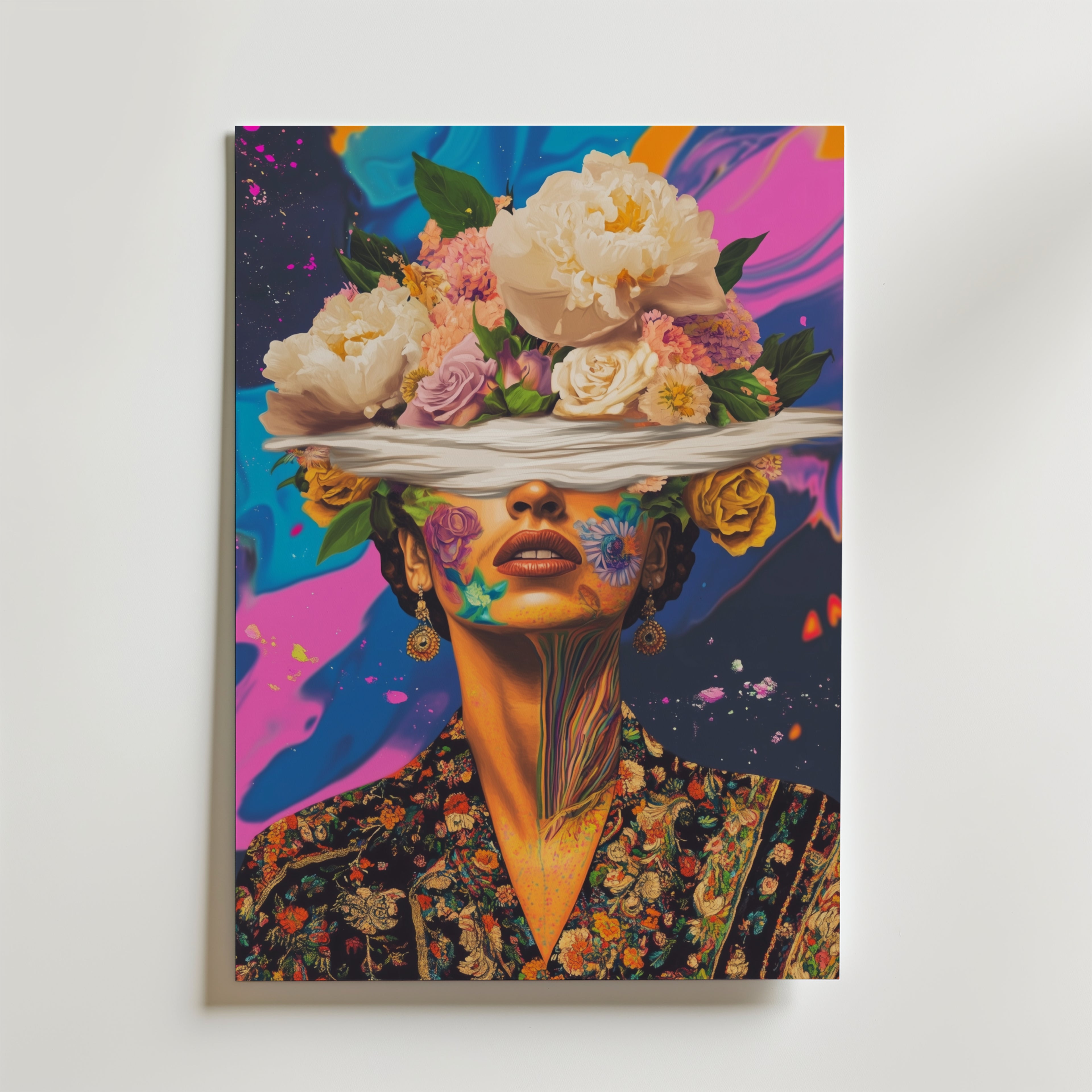 Bozetto Floral Kahlo Mindscape Poster visar en surrealistisk kvinna i en mönstrad klänning, hennes ögon maskeras av ett vitt band medan levande blommor blommar från hennes huvud - tryckt på premiumpapper för ett slående statement.