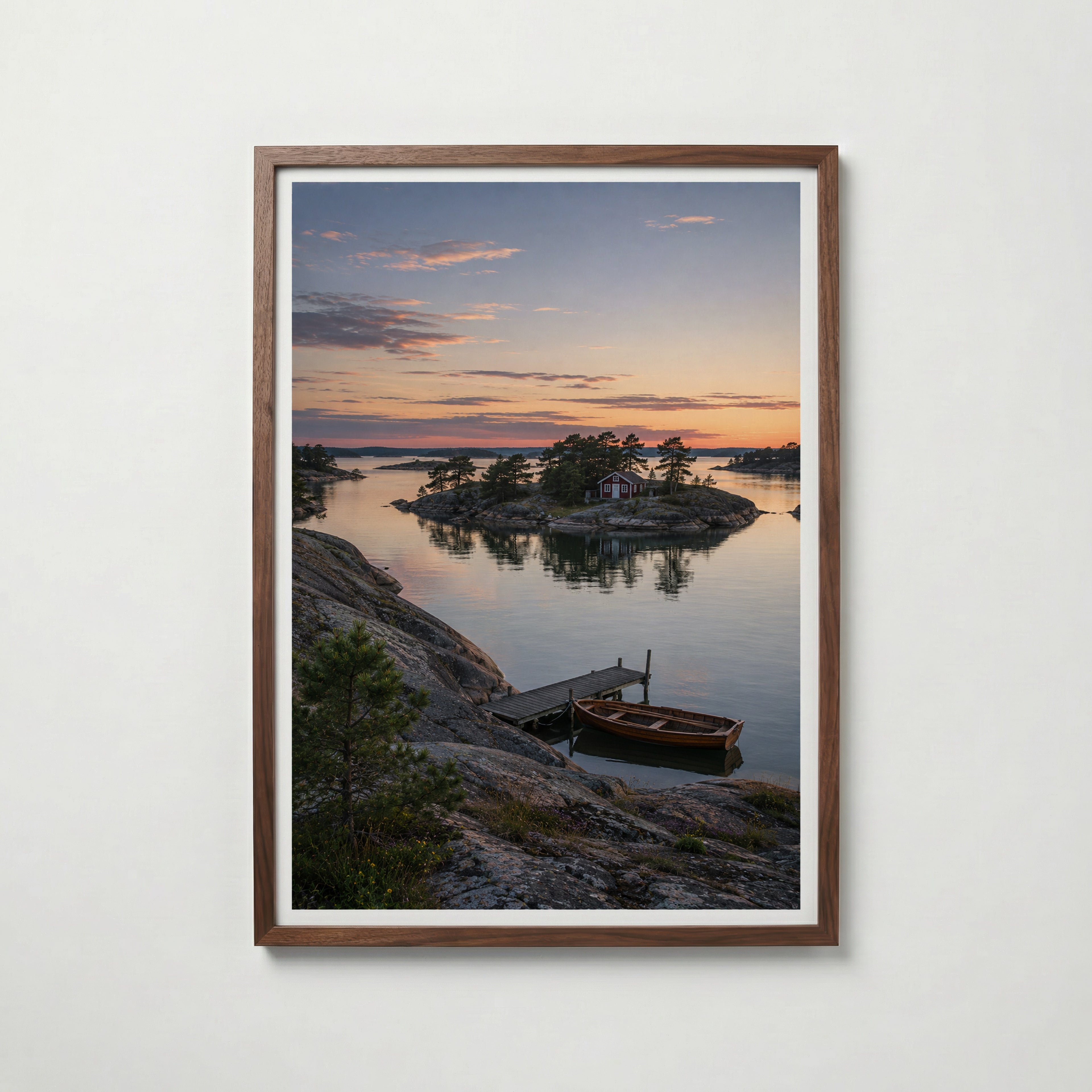 Archipelago Cabin at Dusk affisch i valnötsram – mörkbrun inramning med lyxig känsla, Bozetto