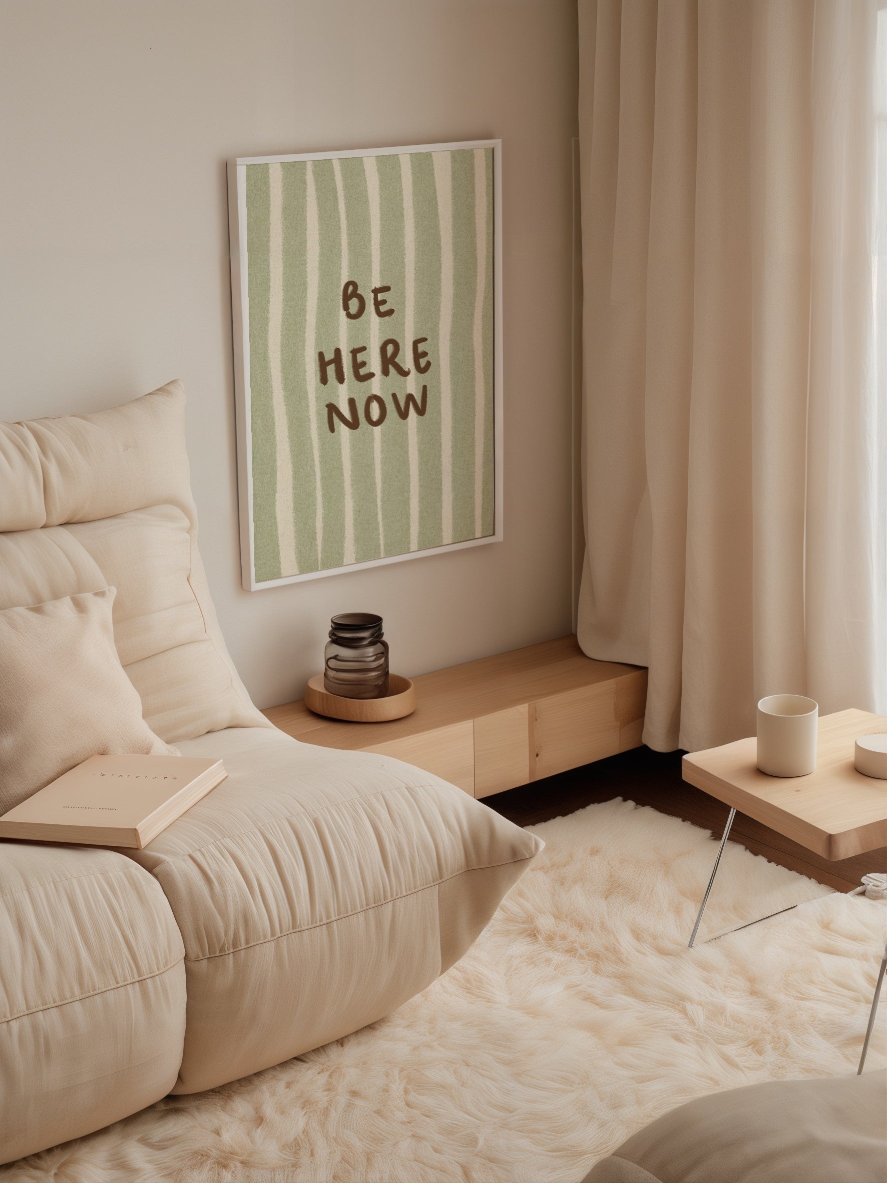 Be Here Now Poster i rumskomposition med ekram