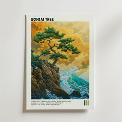 Ocean Cliff Bonsai Poster från Bozetto föreställer ett bonsaiträd på en klippa ovanför vågor och en molnig himmel, med "BONSAI TREE" längst upp.