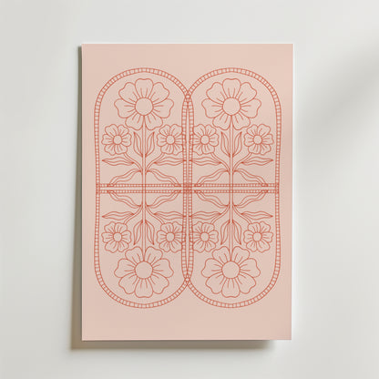 Bozetto Ornamental Flower Symmetry Poster visar en rosa blommig design med konturerade blommor och blad i två rundade delar, som liknar stiliserade innersulor - perfekt för en harmonisk inredning.