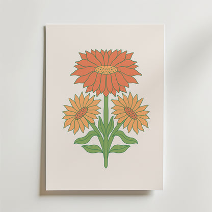 Bozetto Sunburst Blooms Poster föreställer tre orange och gula solrosor med gröna blad på en vit bakgrund - en perfekt väggkonst för att ge somrig inredning till alla rum.