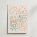 Bozetto Abstract Pastel Shapes Poster visar sex orange och gröna abstrakta former - spiraler, bågar och vågiga linjer - i ett 2x3 rutnät på en ren vit bakgrund, perfekt för moderna hem.