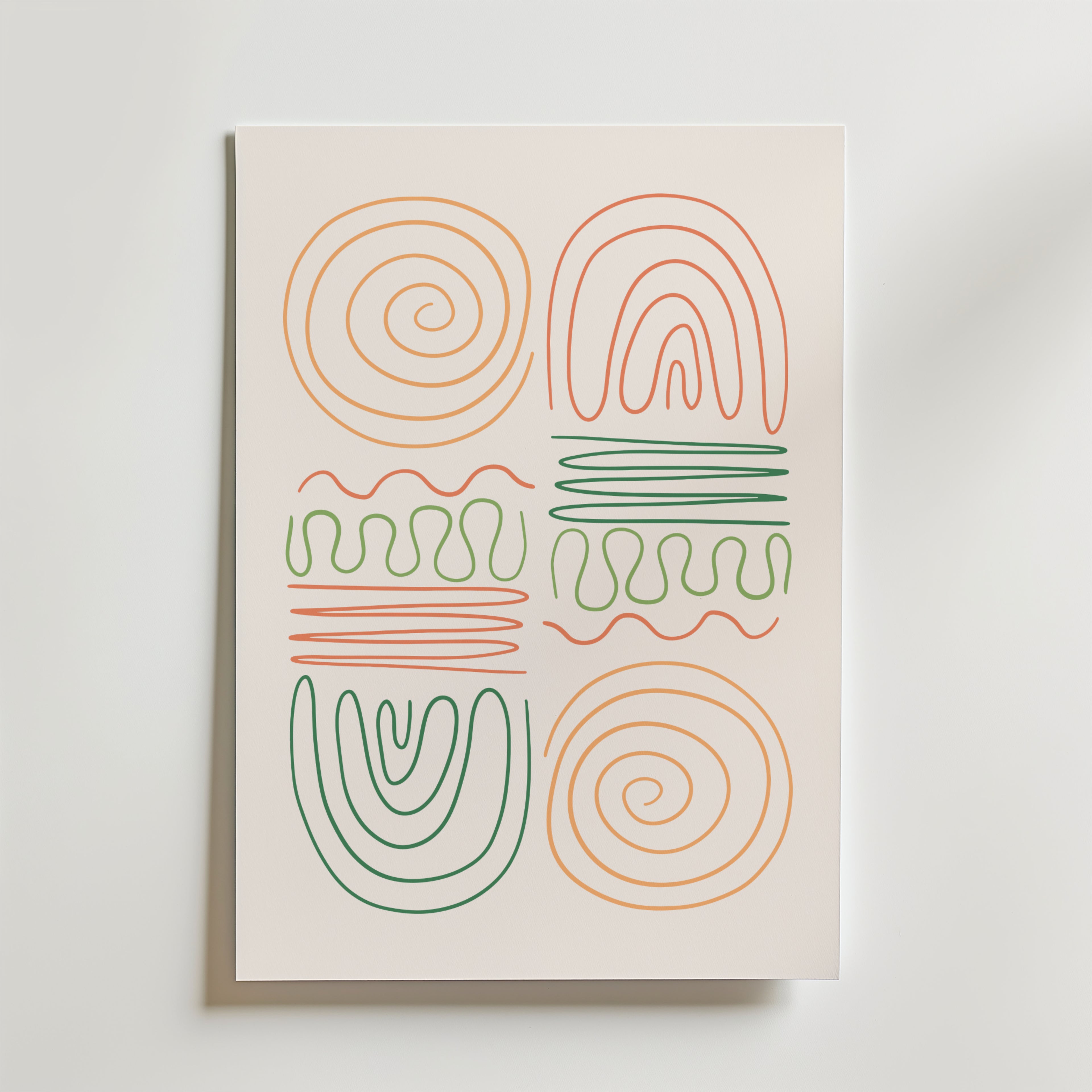 Bozetto Abstract Pastel Shapes Poster visar sex orange och gröna abstrakta former - spiraler, bågar och vågiga linjer - i ett 2x3 rutnät på en ren vit bakgrund, perfekt för moderna hem.