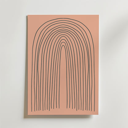 Terracotta Arches Poster by Bozetto har ojämna svarta båglinjer på en rosa bakgrund och ger en modern touch till din inredning när den visas på en vit vägg.