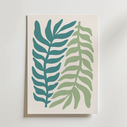 Bozetto Botanical Balance Poster är en minimalistisk naturposter med två abstrakta, gröna blad i blågrönt och ljusgrönt på en vit bakgrund. Enkla linjer och blad sida vid sida skapar en lugn och harmonisk känsla.