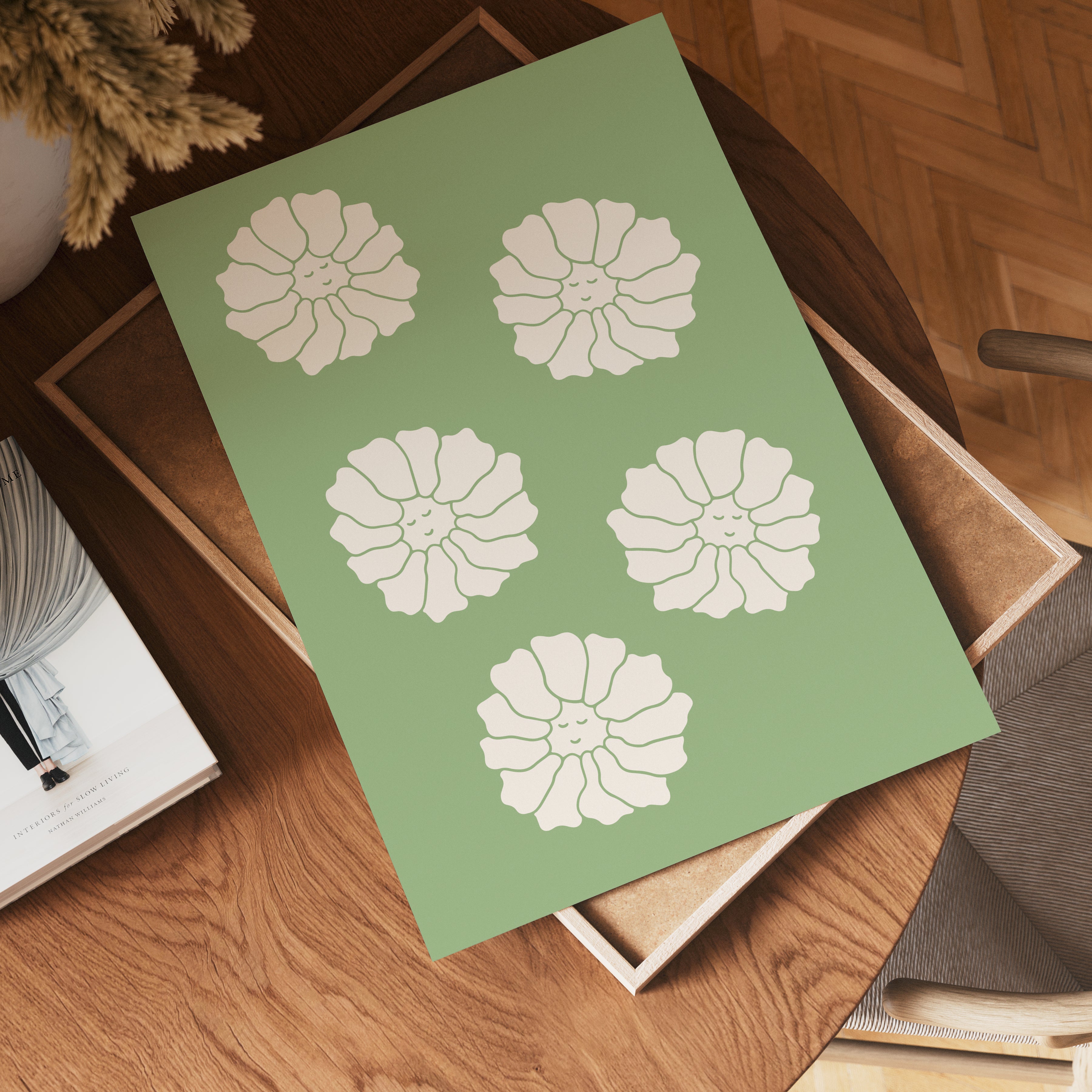 White Blossoms on Green Poster