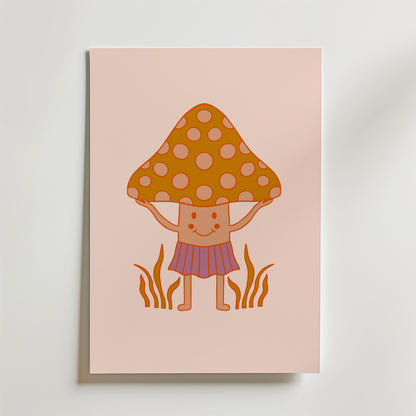 På Mushroom Kid Poster från Bozetto ser du en söt tecknad svampfigur med orange svamphatt, gula fläckar och randig kjol, stående bland orangea växter på en ljusrosa bakgrund i drömmande konststil.