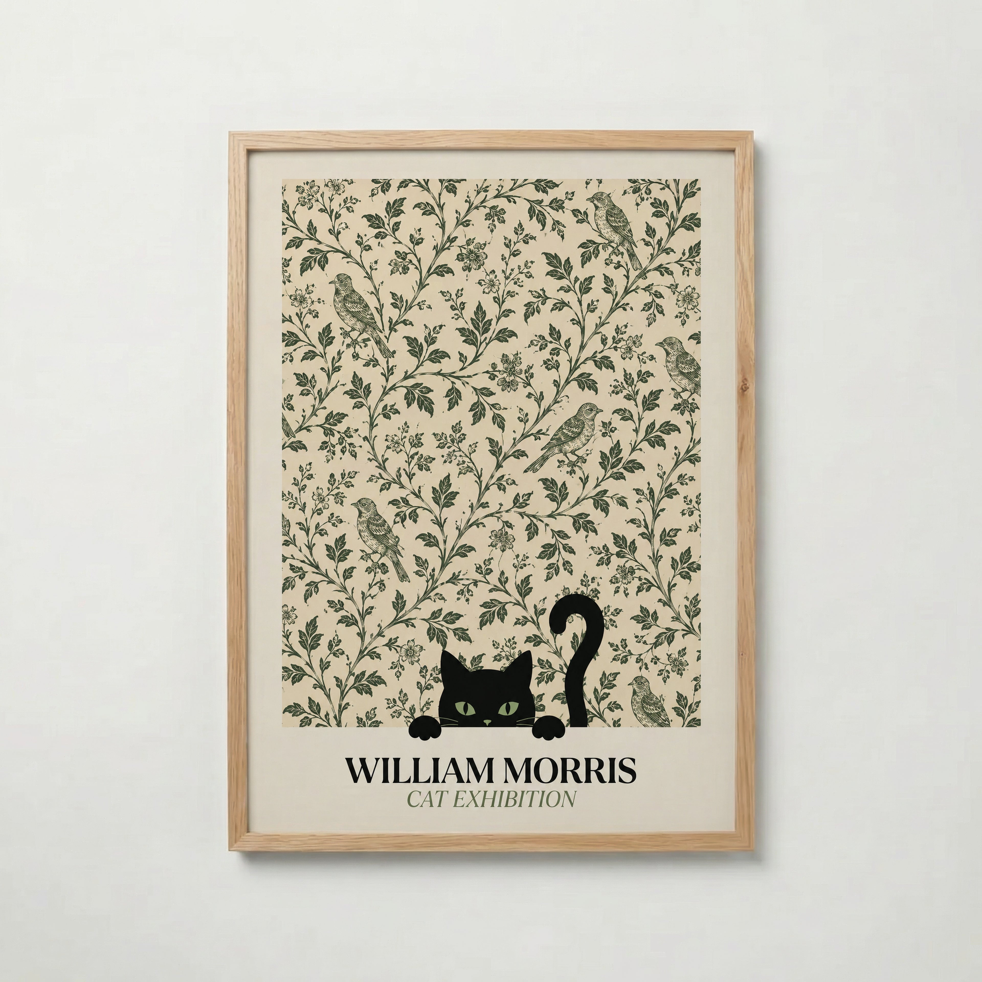 Cat Among the Birds William Morris Poster – svart katt kikar nyfiket fram ur William Morris fågelmönster