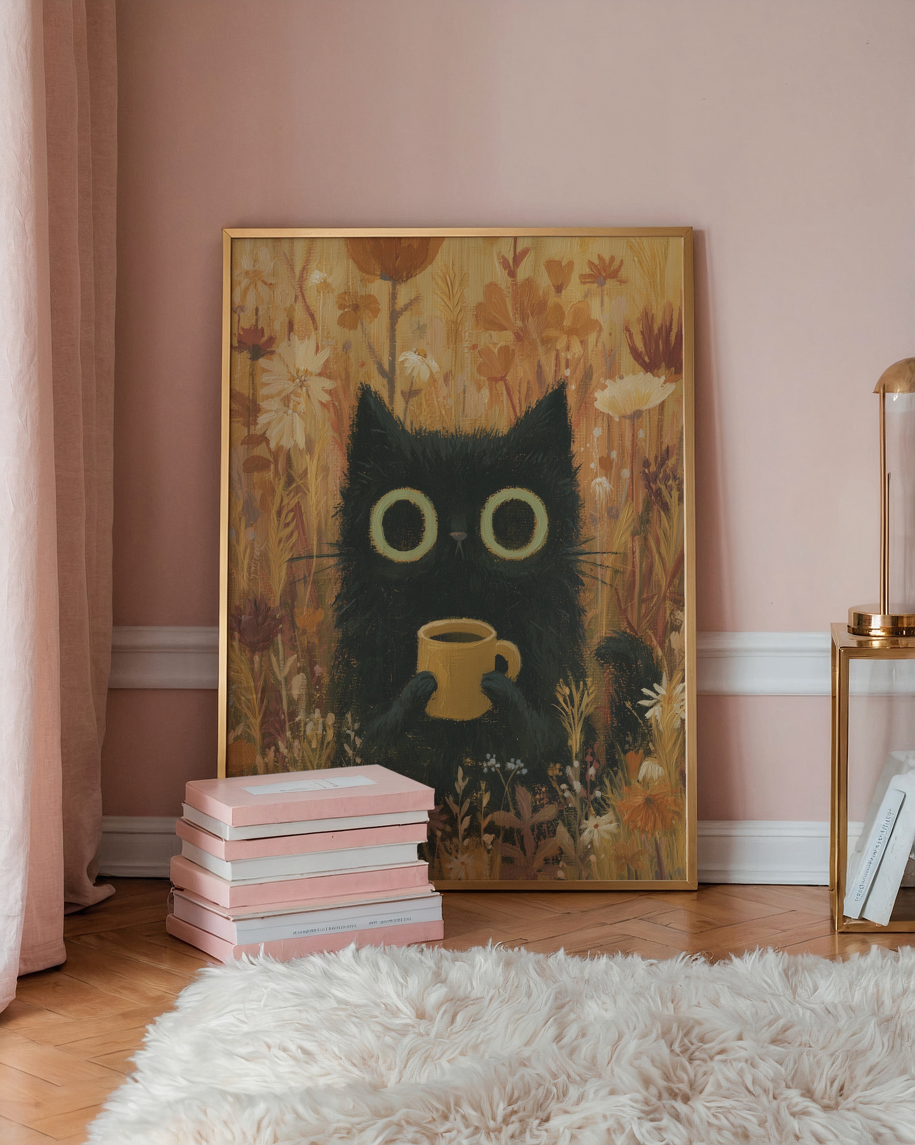 Cat in Orange Meadow Poster – svart katt med kaffekopp i höstäng på vägg i inrett rum, fri frakt över 499 kr