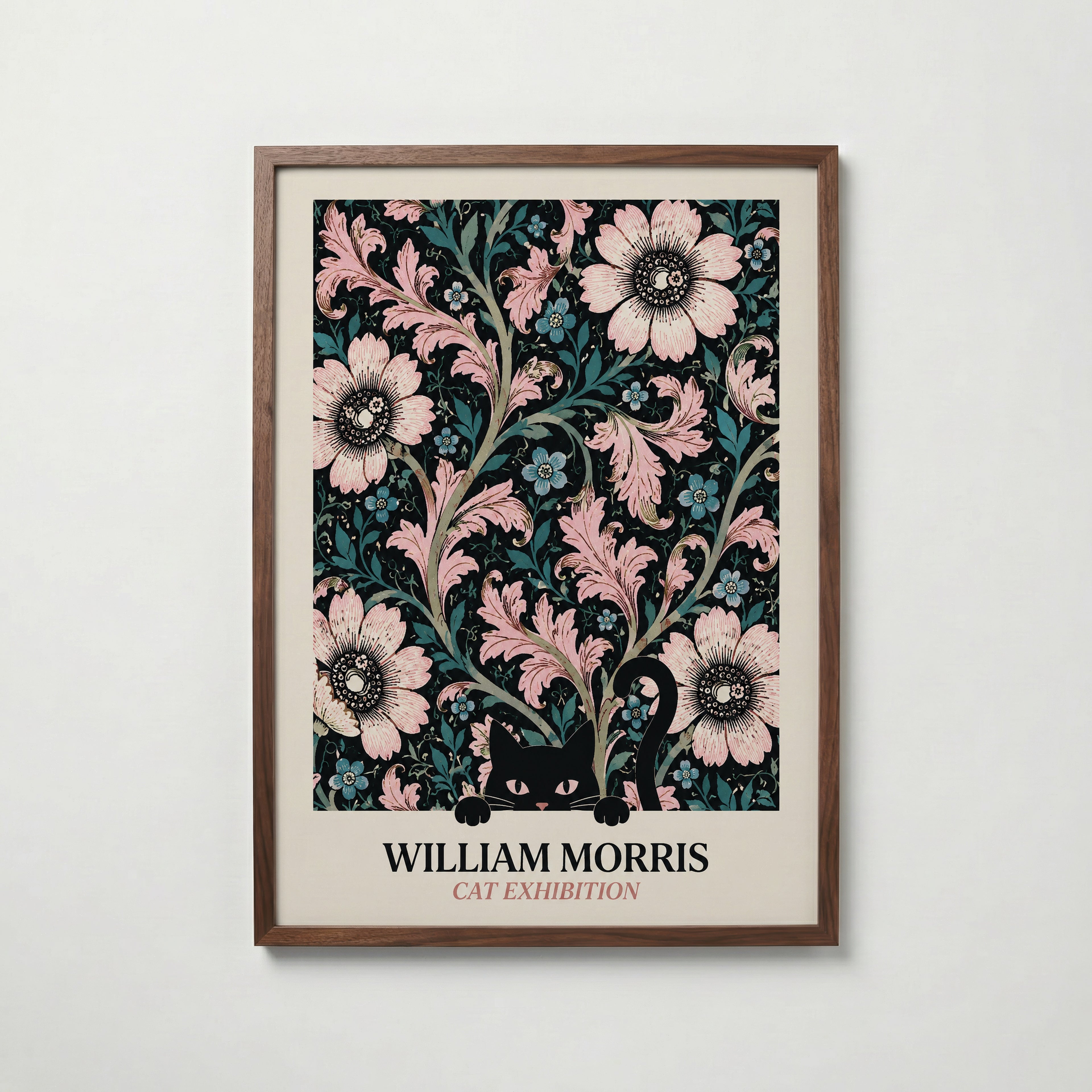 Cat in the Anemone William Morris Poster – svart katt bland William Morris anemonemönster i svart och rosa