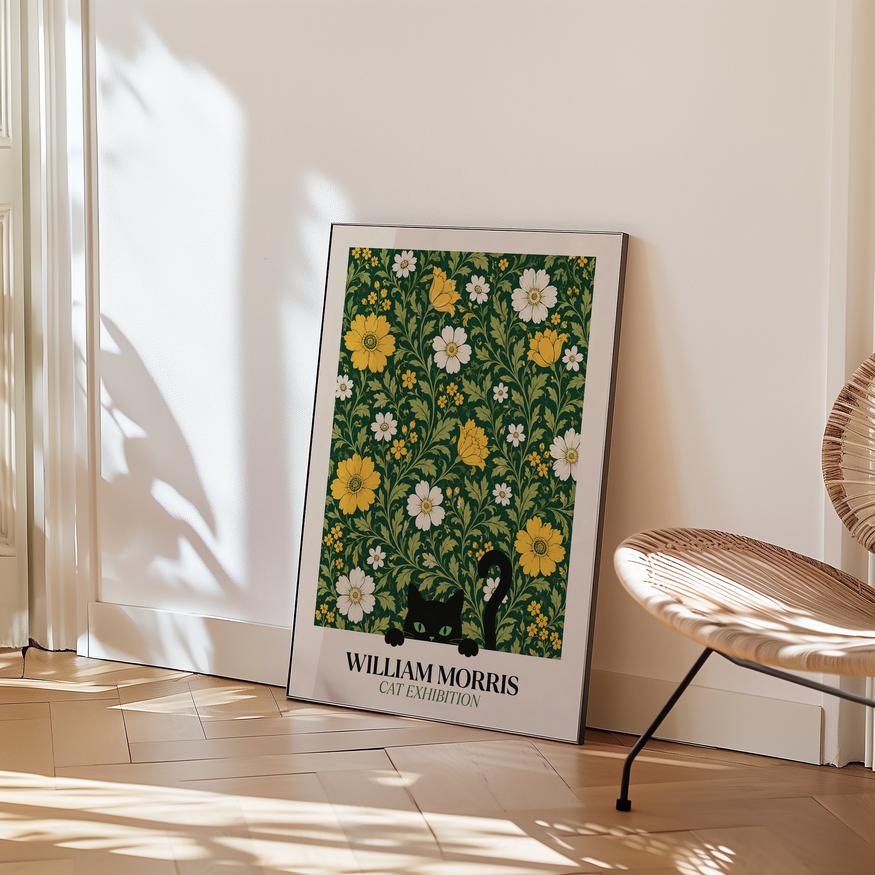 Cat in the Golden Garden William Morris Poster – svart katt i William Morris gyllene trädgård på mörkgrön botten