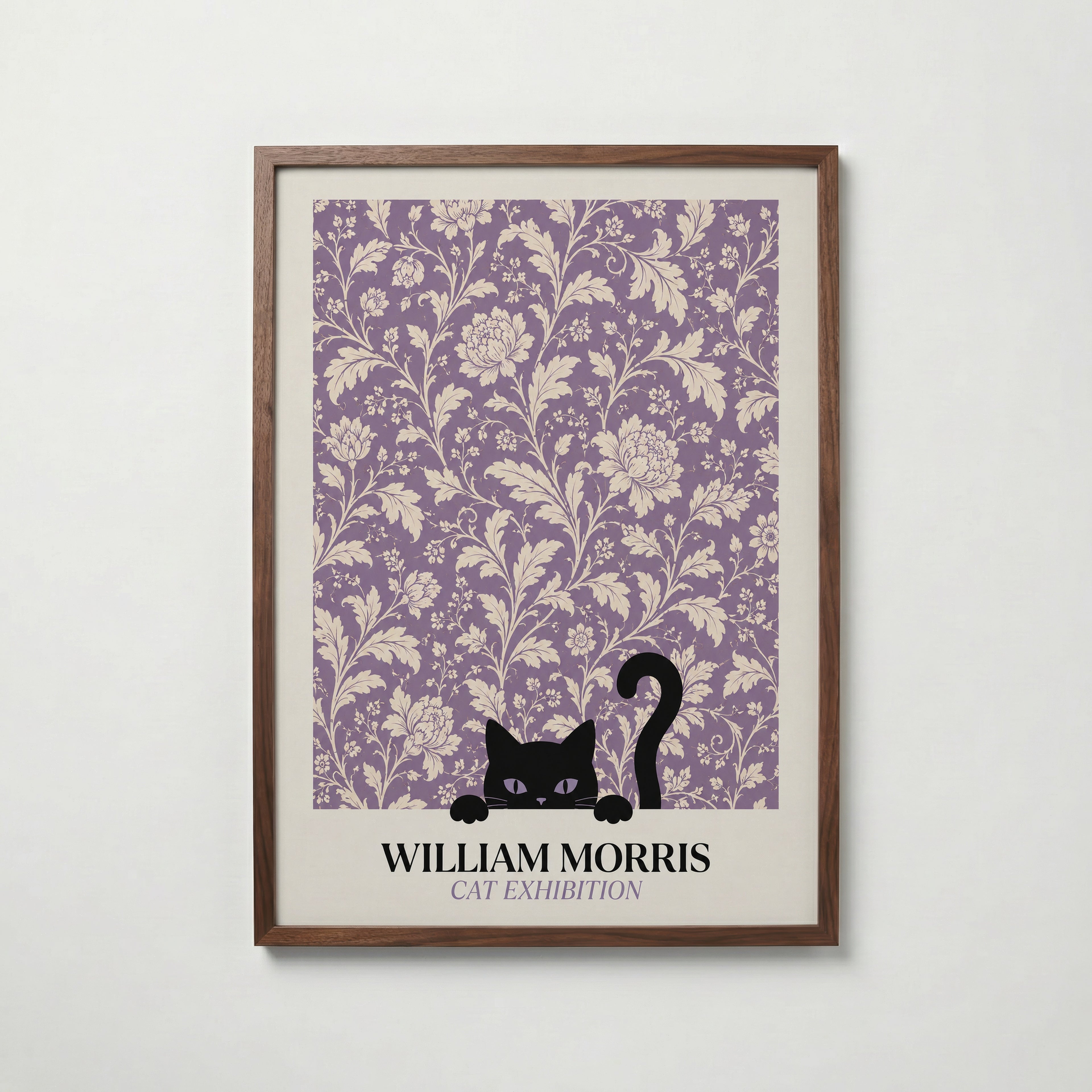 Cat in the Peony William Morris Poster – svart katt bland William Morris pionmönster i lavendelton