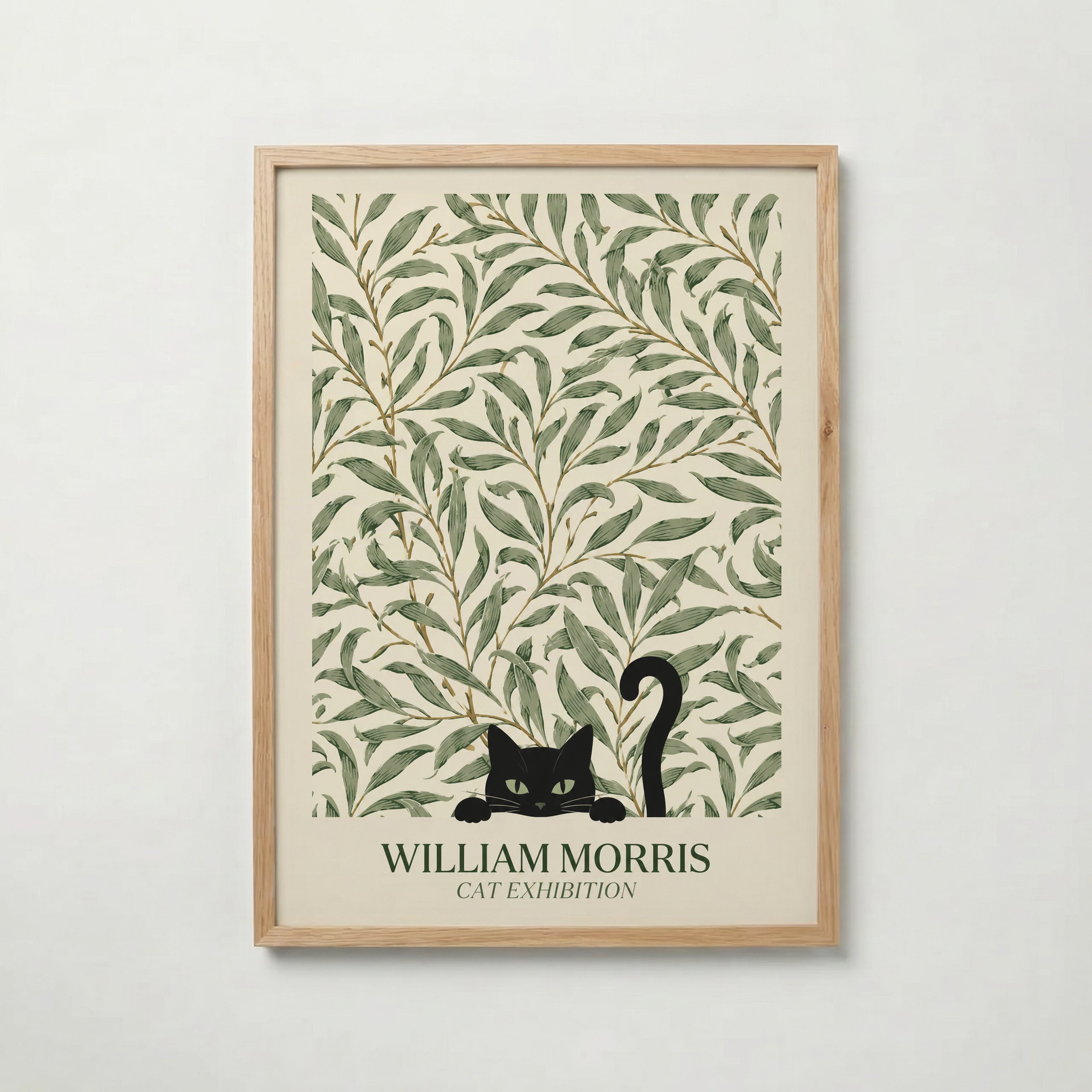 Cat in the Willow Bough William Morris Poster – svart katt i William Morris pilkvistmönster i kräm och grönt