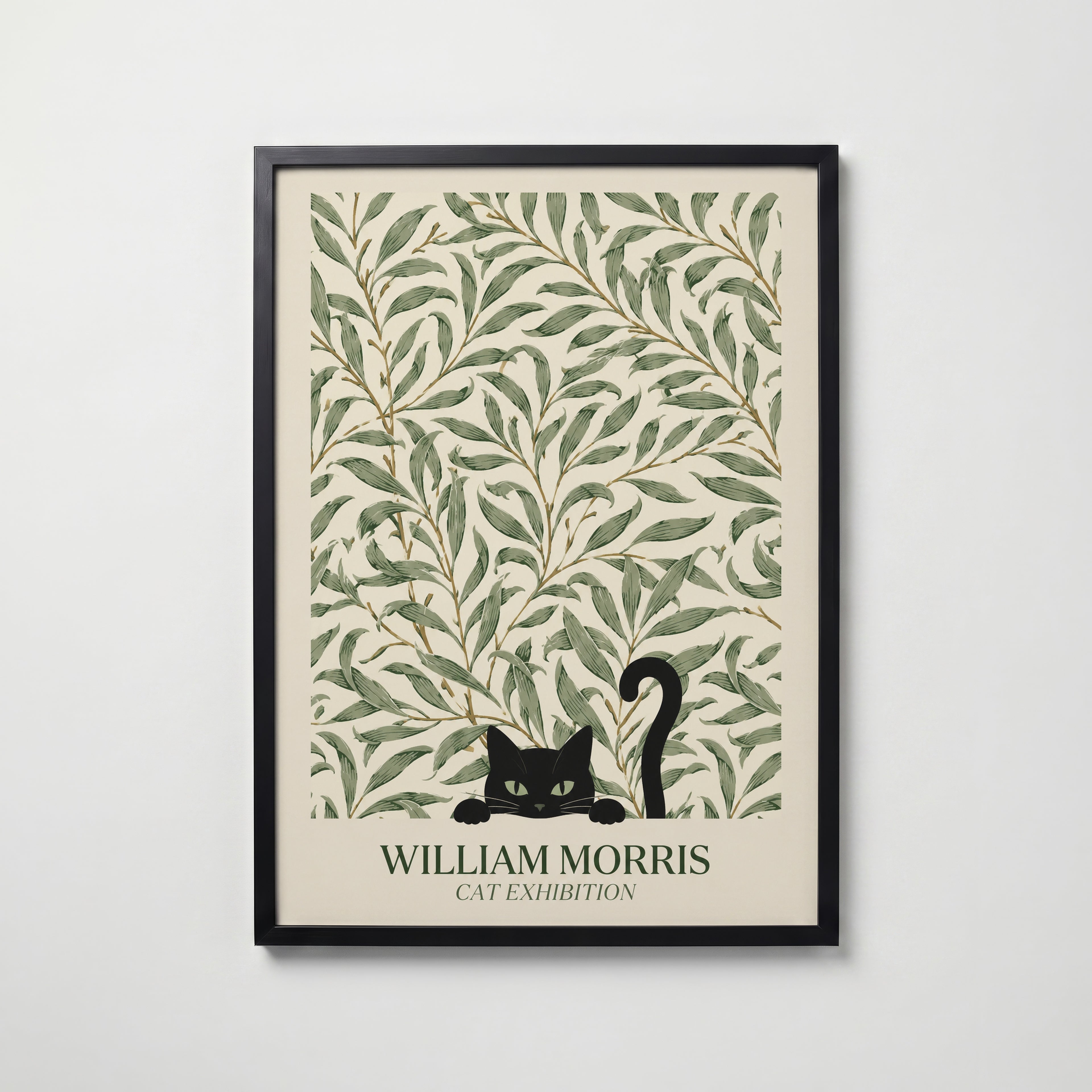 Cat in the Willow Bough William Morris Poster – svart katt i William Morris pilkvistmönster i kräm och grönt