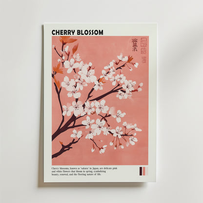 Postern Whispers of Sakura Poster by Bozetto visar körsbärsblommande grenar med vita och rosa blommor på en mjuk rosa bakgrund. "CHERRY BLOSSOM" står det överst och japansk estetik hedras med en kort beskrivning nedan.