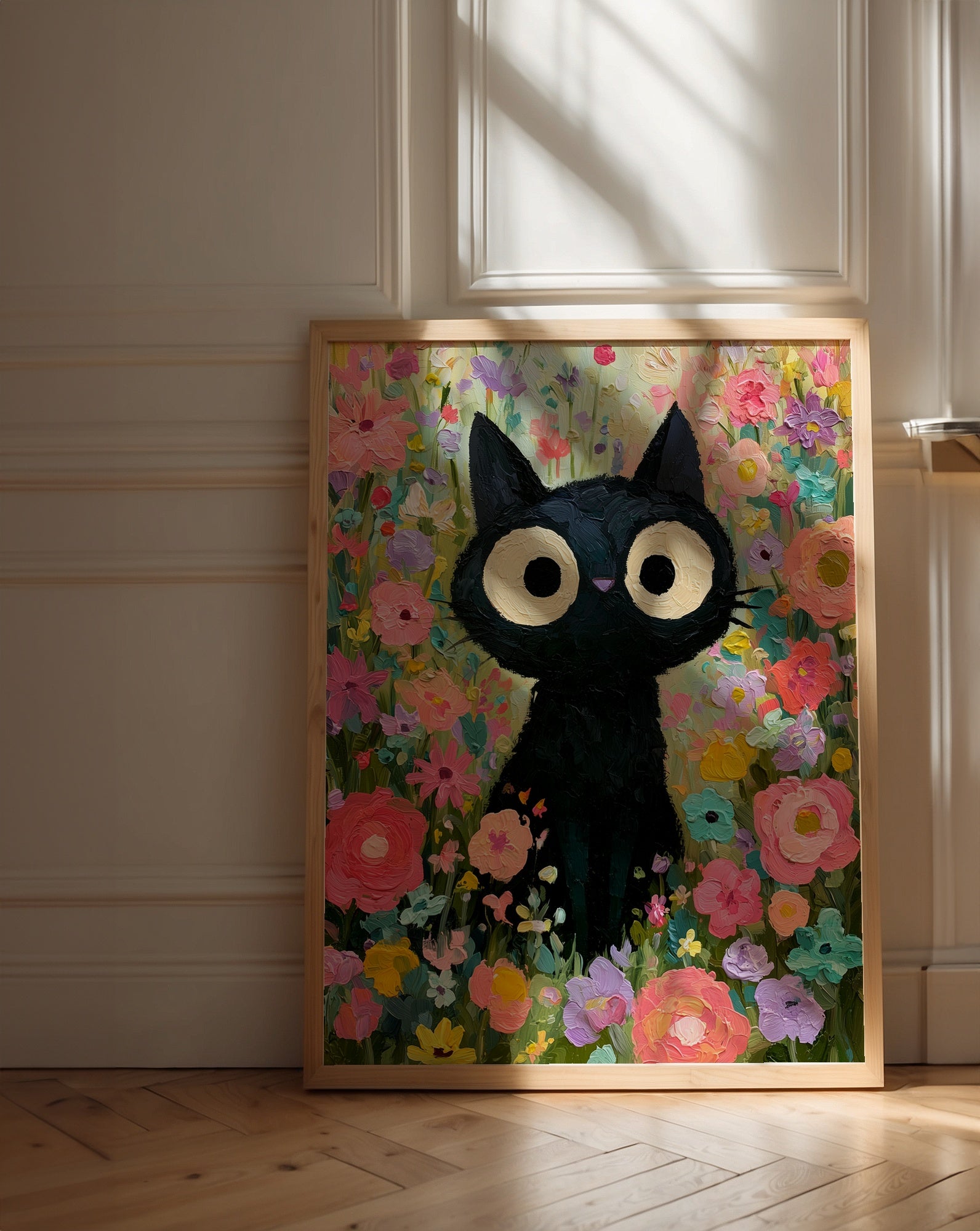 Colorful Cat in Bloom Poster – svart katt i färgsprakande blomhav i ljust vardagsrum, väggkonst från Bozetto