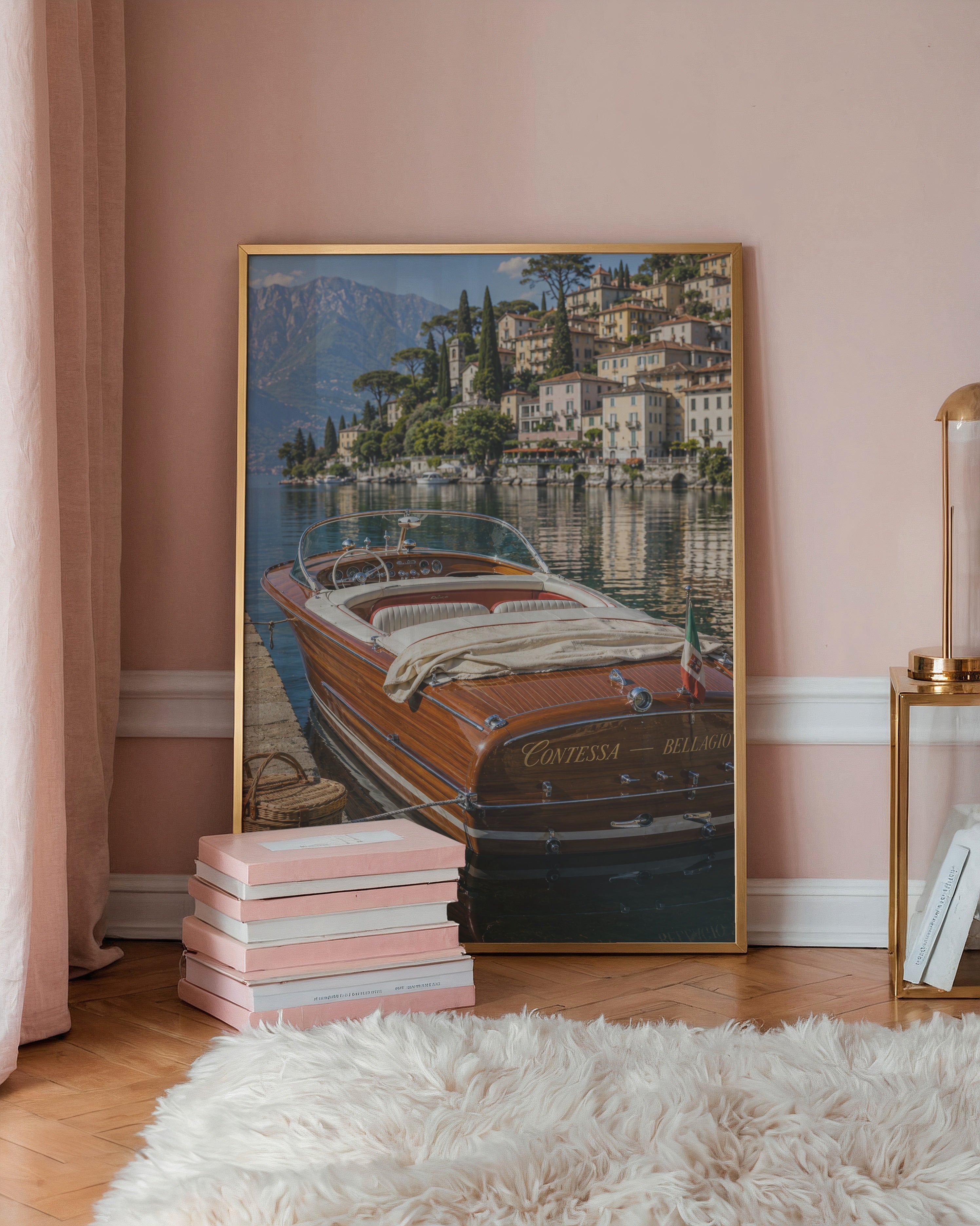 Marco Ricci Contessa at Bellagio Poster – klassisk ångbåt vid stranden i Bellagio vid Comosjön