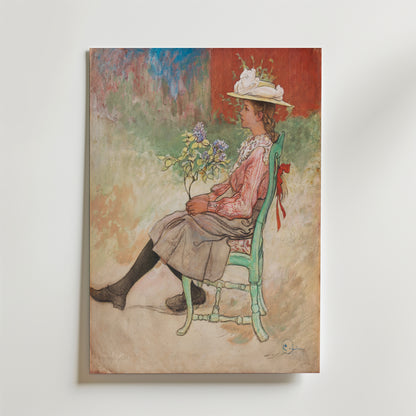 Bozetto Carl Larsson Dagmar Grill 1909 Poster föreställer en sittande figur i rosa blus, grå kjol, svarta strumpor och blommig hatt som håller sommarblommor på en grön stol mot en levande, abstrakt bakgrund.