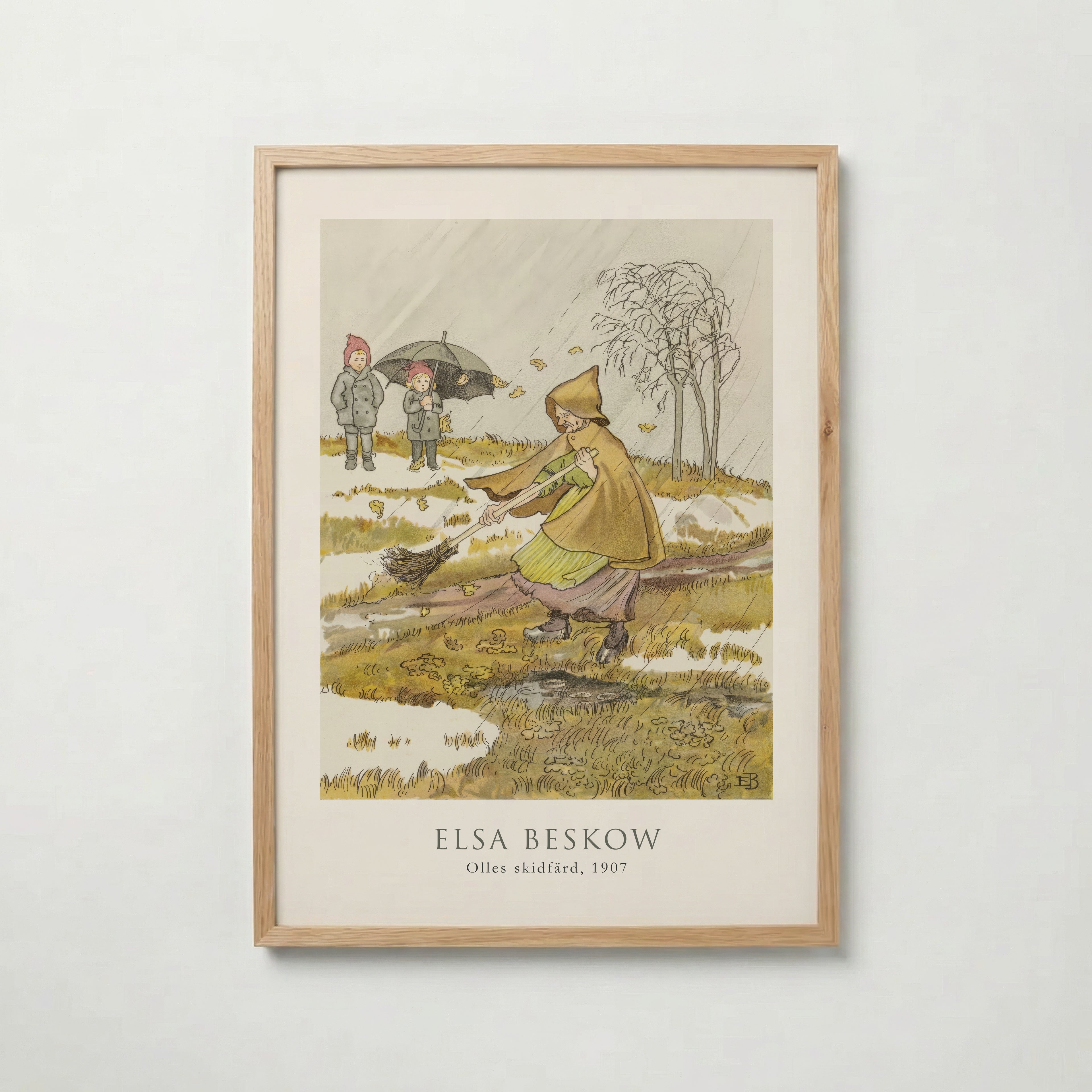 Elsa Beskow Olles Skidfärd 1907 affisch i ljus ekram med naturligt träutseende – Bozetto