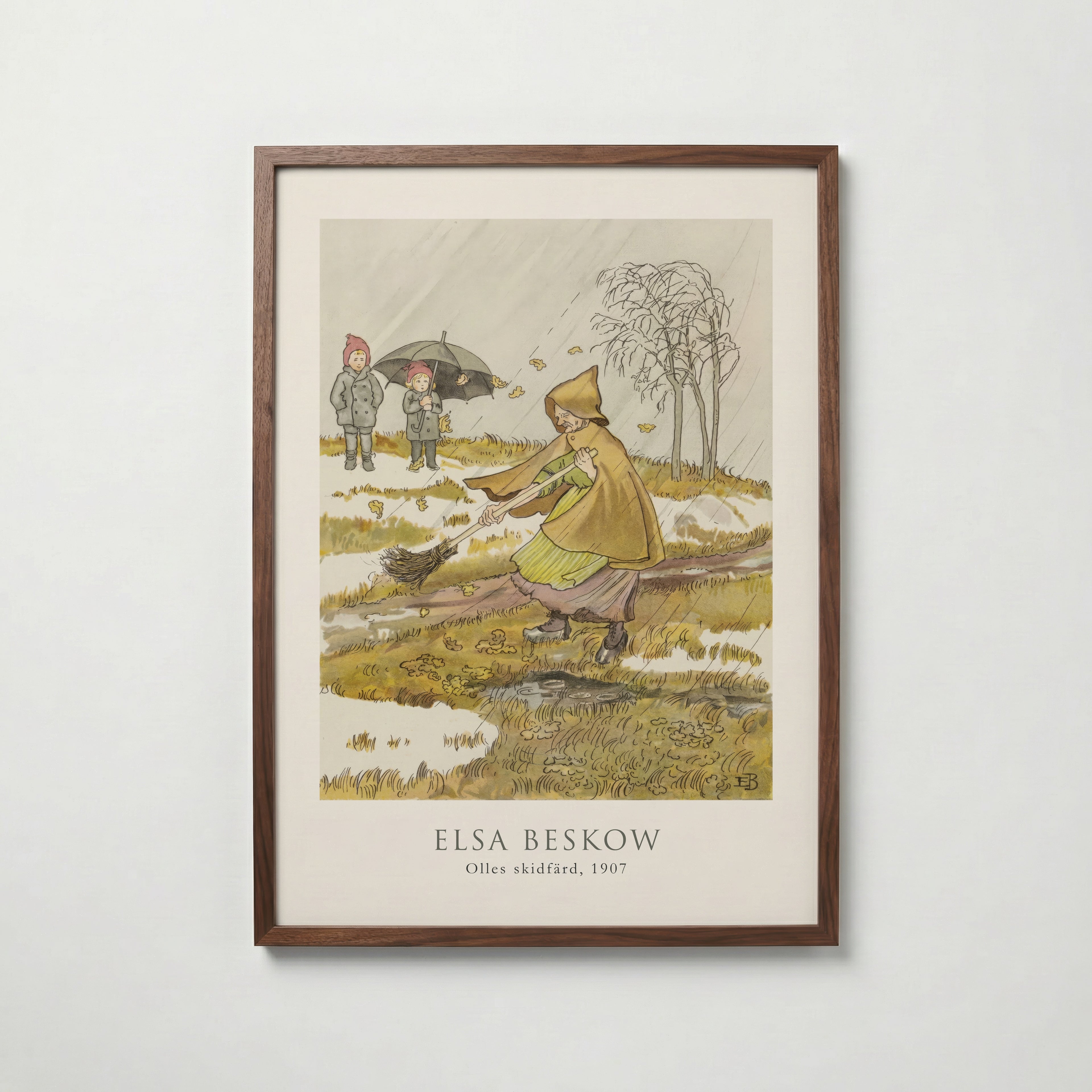 Elsa Beskow Olles Skidfärd 1907 affisch i valnötsram – mörkbrun inramning med lyxig känsla, Bozetto