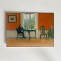 En målning av en person vid ett grönt bord vid ett fönster i ett orange rum som för tankarna till läshörna. Klassiska möbler och varma toner fångar den tidlösa charmen i Bozettos Carl Larsson Ehtoja luetaan Poster i en klassisk miljö.
