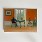 En målning av en person vid ett grönt bord vid ett fönster i ett orange rum som för tankarna till läshörna. Klassiska möbler och varma toner fångar den tidlösa charmen i Bozettos Carl Larsson Ehtoja luetaan Poster i en klassisk miljö.