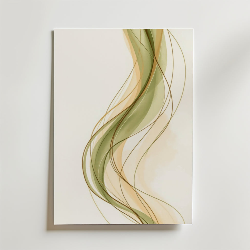 Abstract Stings Poster by Bozetto har gröna och beige vågiga linjer på en ljus bakgrund, tryckt på premiumpapper för en högkvalitativ finish som förstärker konstverkets rörelse och elegans.