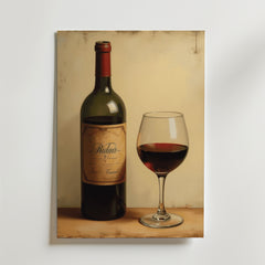 Bozetto Classic Red Wine Poster visar en vinflaska och ett glas på en ljus yta med beige bakgrund, perfekt för inredning och tryckt på högkvalitativt premiumpapper.