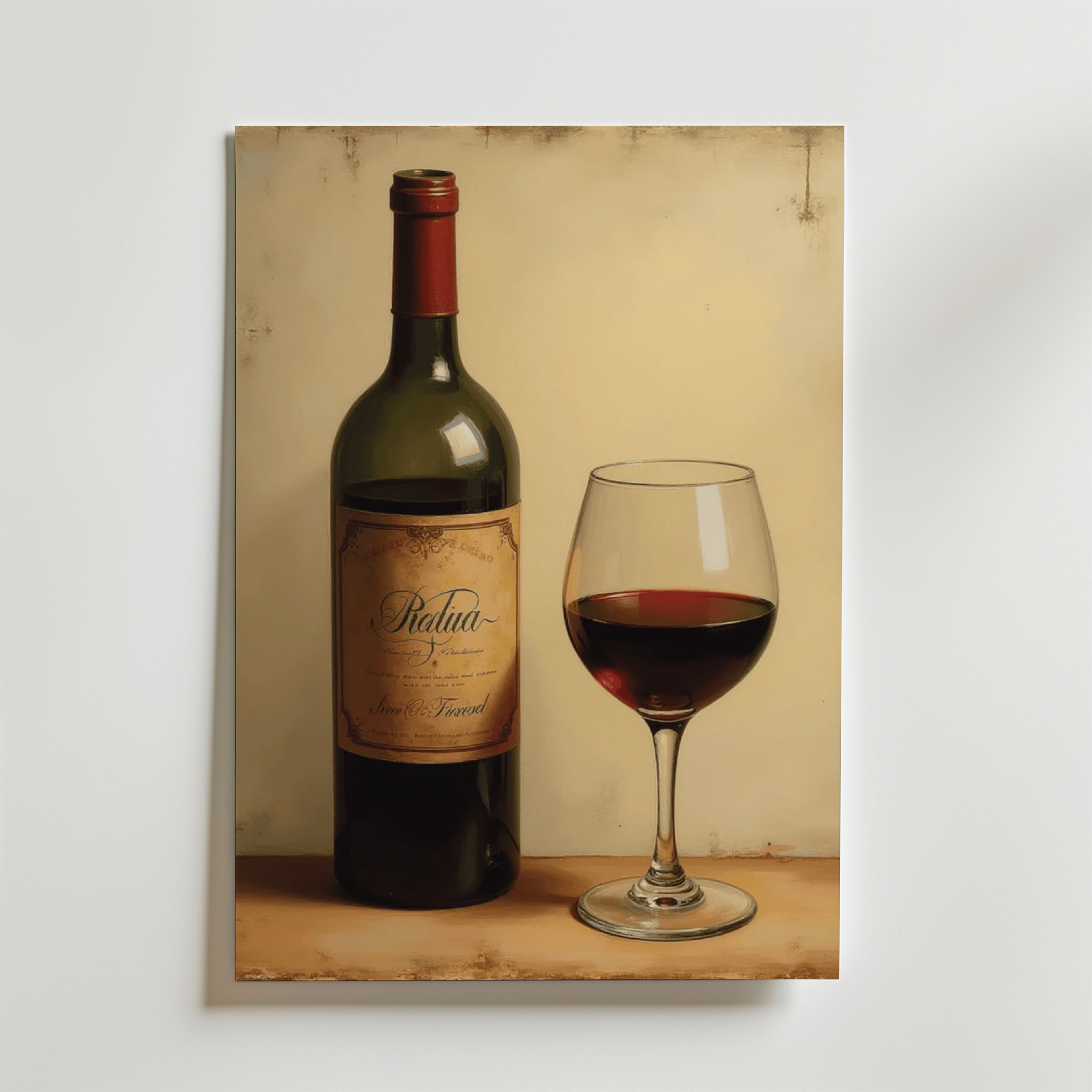 Bozetto Classic Red Wine Poster visar en vinflaska och ett glas på en ljus yta med beige bakgrund, perfekt för inredning och tryckt på högkvalitativt premiumpapper.