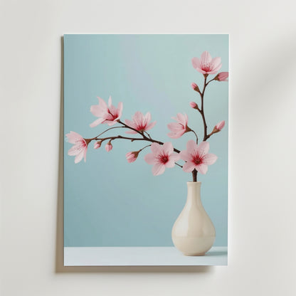 Bozetto Cherry Blossom Branch Poster har en vit vas med rosa blommor på en ljusblå bakgrund, mjuk belysning och är tryckt på premiumpapper för en lyxig matt yta och ren, minimalistisk estetik.